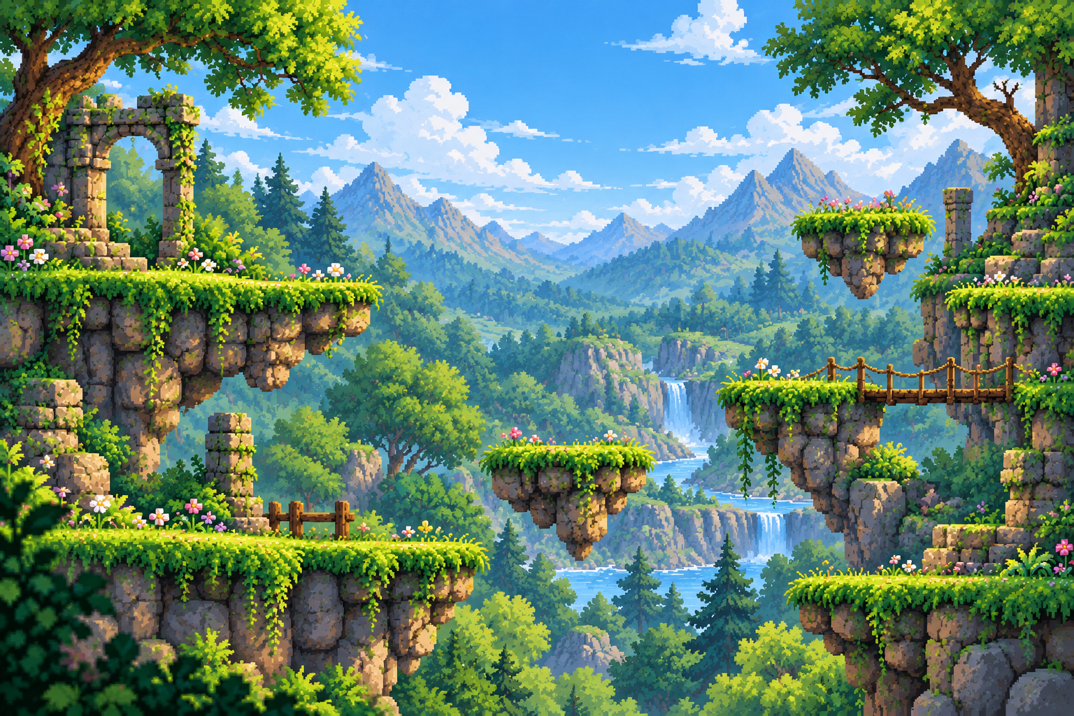 Sunny pixel-art platformer scenery with grassy cliffs, green woodland, and waterfalls