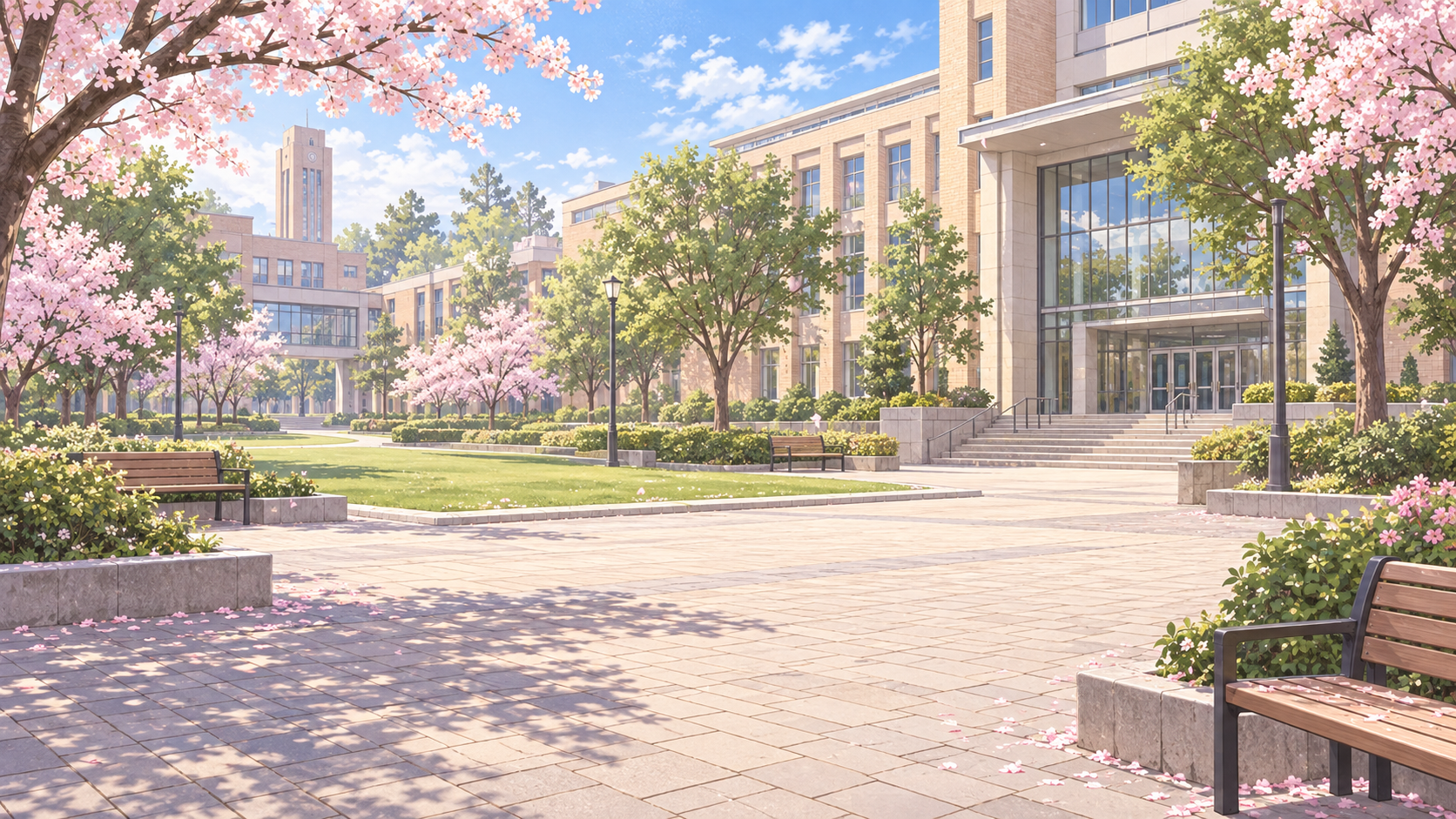 Cherry blossoms across a sunlit university campus