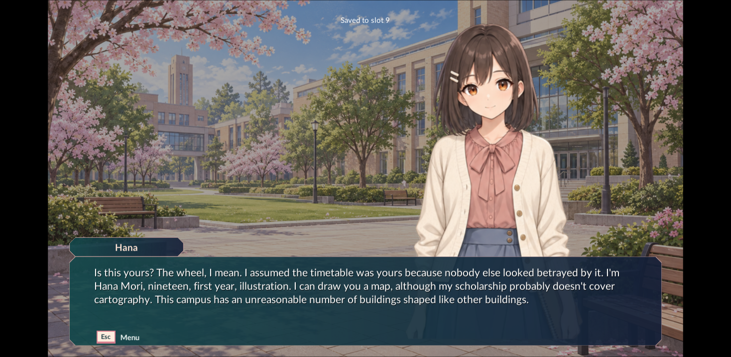 When the Semester Blooms gameplay screenshot showing a conversation on campus